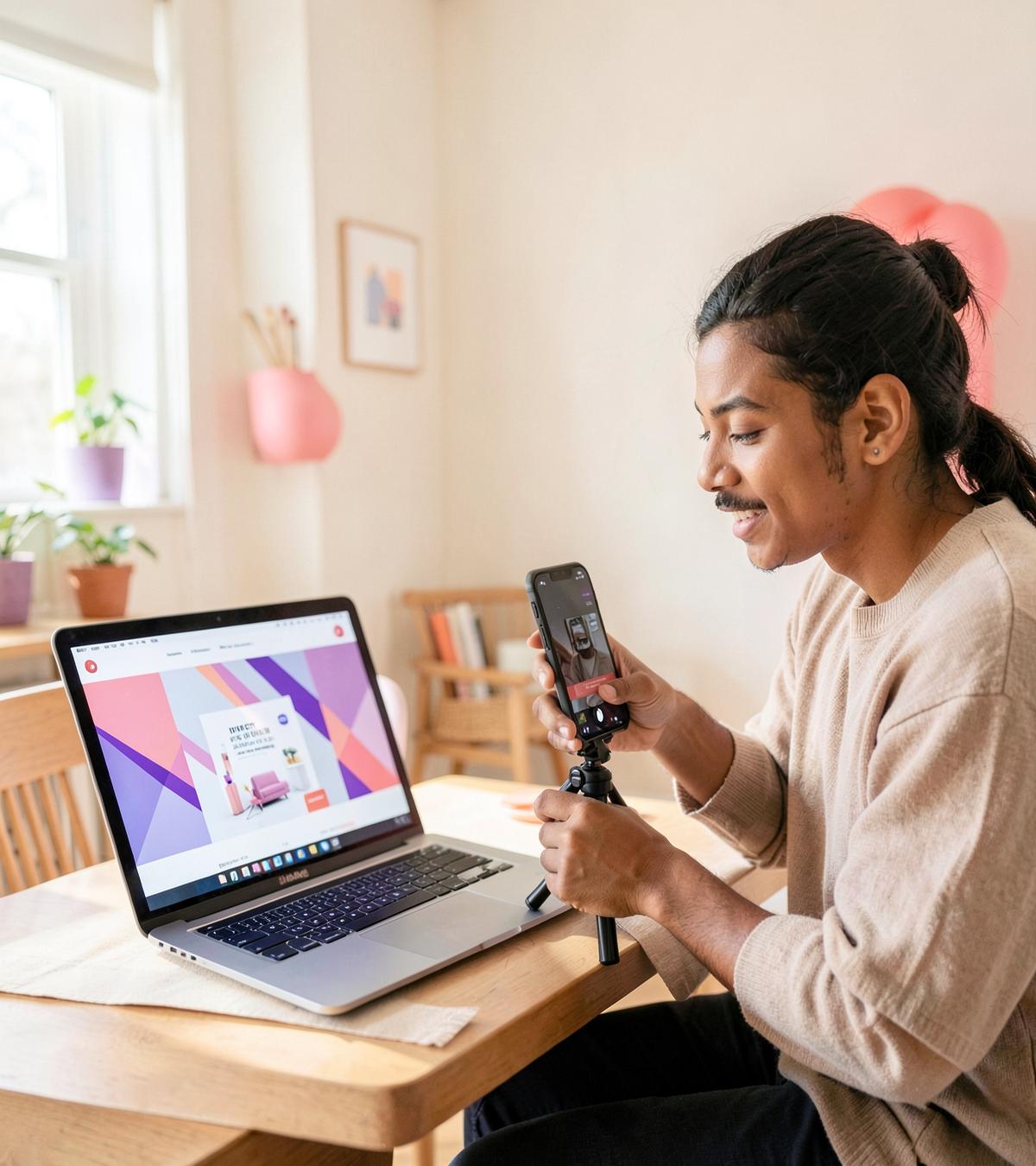Creator preparing a short-form video beside a digital product storefront