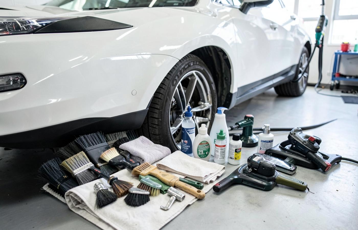 Professional mobile detailing tools arranged beside a vehicle
